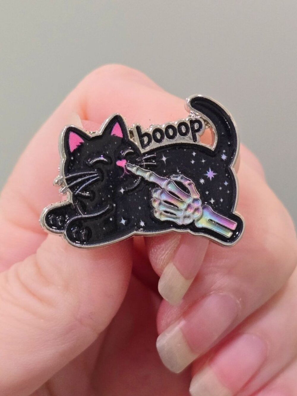 Artisan Spooky Black Cat Rainbow Skeleton Hand Boop Enamel Pin Halloween Goth
